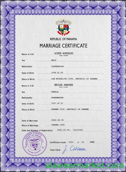 Panama marriage certificate PSD template